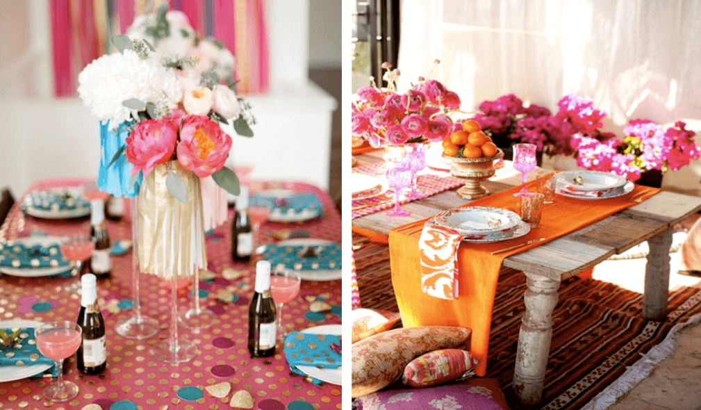 mesa carnavalesca com toalhas e flores coloridas