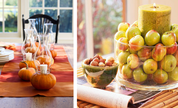 itens decorativos para mesa para outono com mac╠ºas, nozes e abo╠üboras.