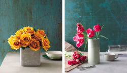 arranjos de flores em vasos de porcela com rosas amarelas e tulipas pink