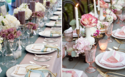 decoracões de mesa com flores em tons de rosa e roxo e velas