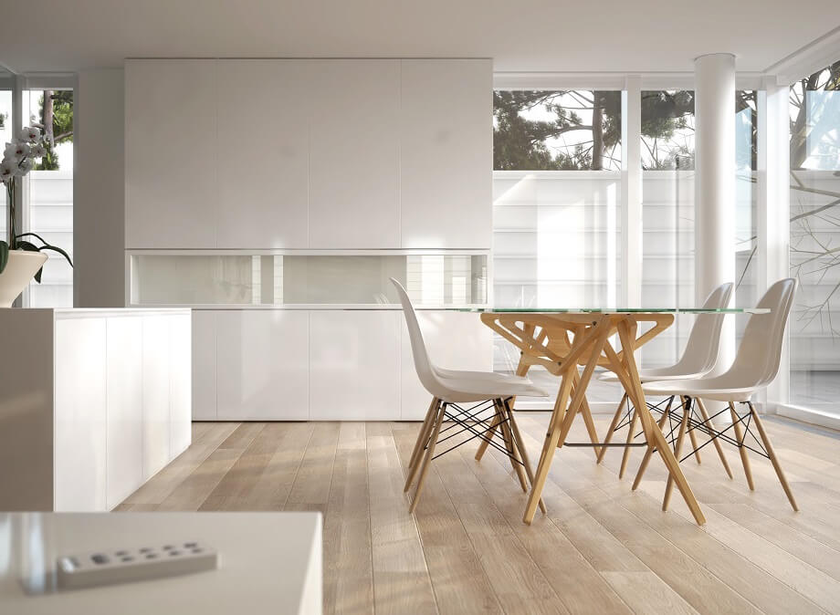 White modern interior with table and chairs