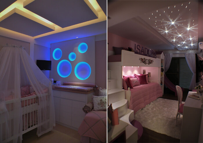 Imagem com dois quartos de criança mostrando as diferentes iluminações