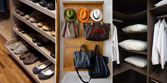 imagem de sapatos, bolsas e travesseiros no closet