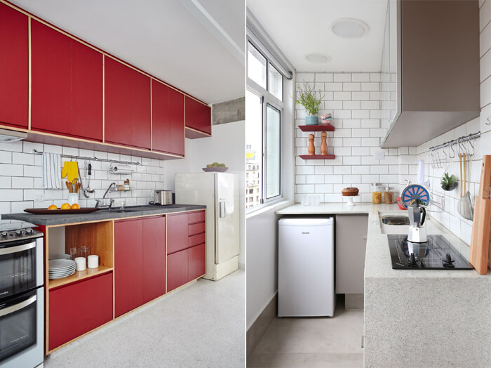 imagem de uma cozinha compacta com tijolos à vista branco ao fundo