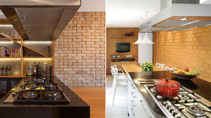 imagem de cozinhas com fogões na ilha e ao fundo paredes de tijolo à vista 