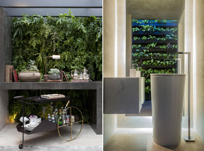 banheiros modernos com parede de plantas