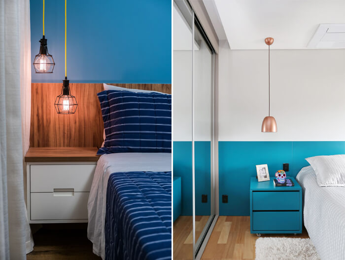 quarto de casal azul com detalhes em madeira, pendente ao lado da cama