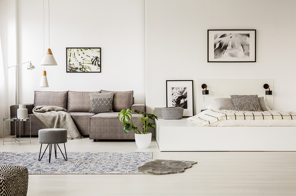 Sala com sofá e quadros nas paredes 