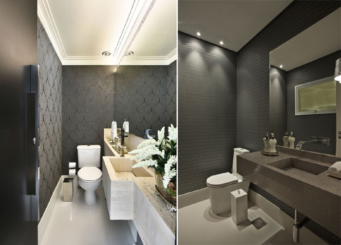 Imagem de um banheiro com papel de parede