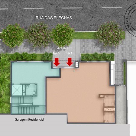 Perspectiva ilustrativa da planta da Loja 1 de 119 m² e da Loja 3 de 569 m²