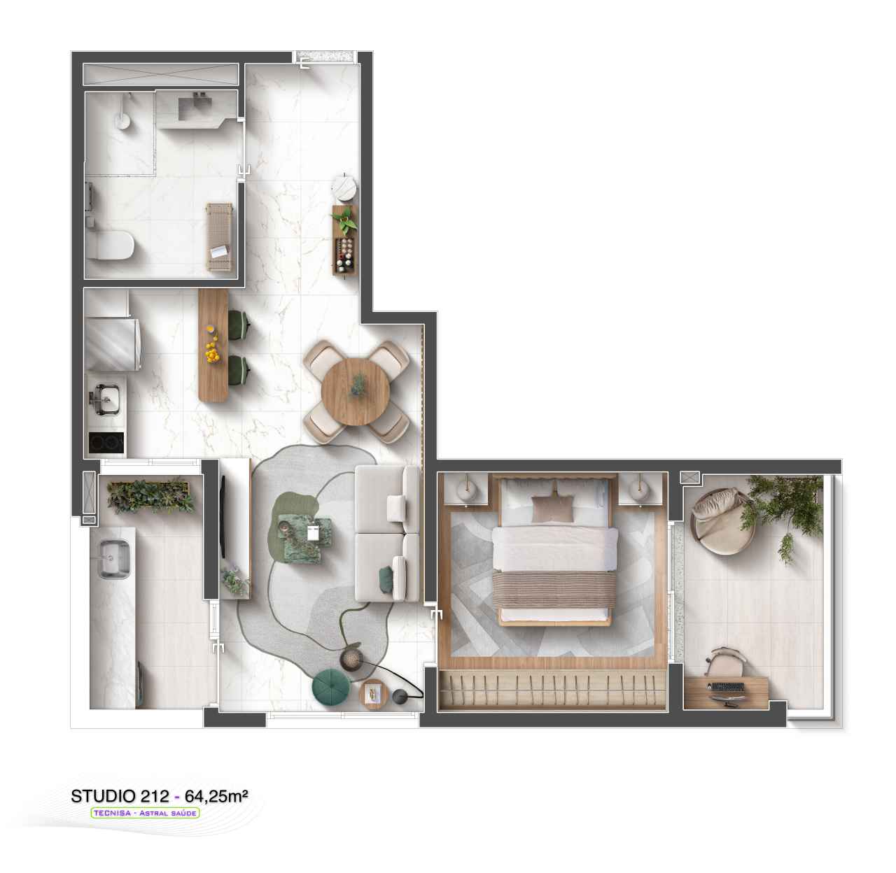 Opção de 64,25m²  com varanda