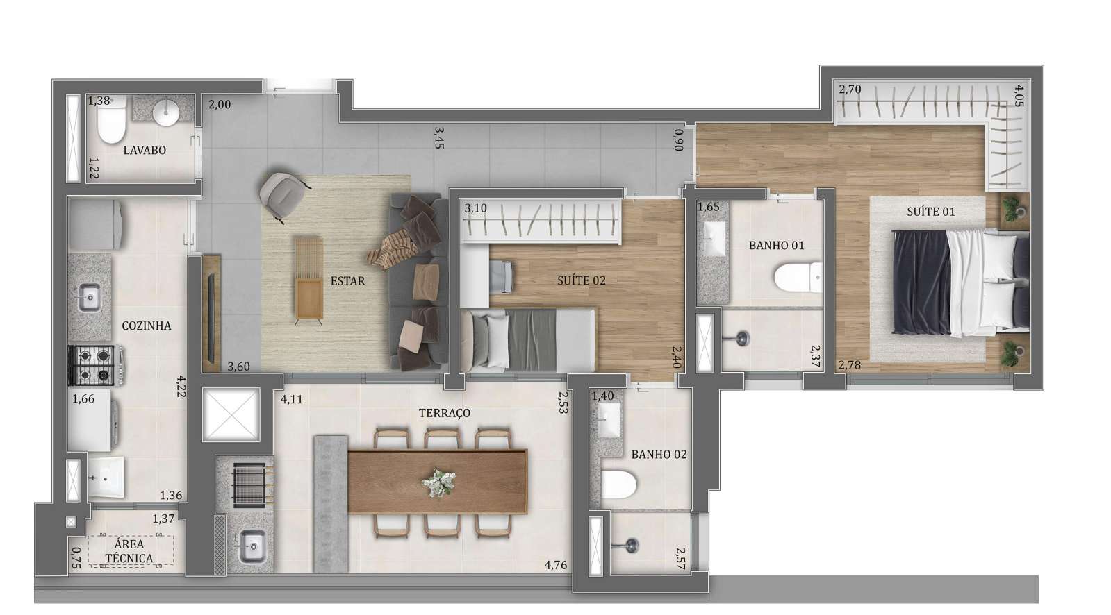 Planta Tipo 79m2 - 2 suítes com lavabo e 1 vaga de garagem